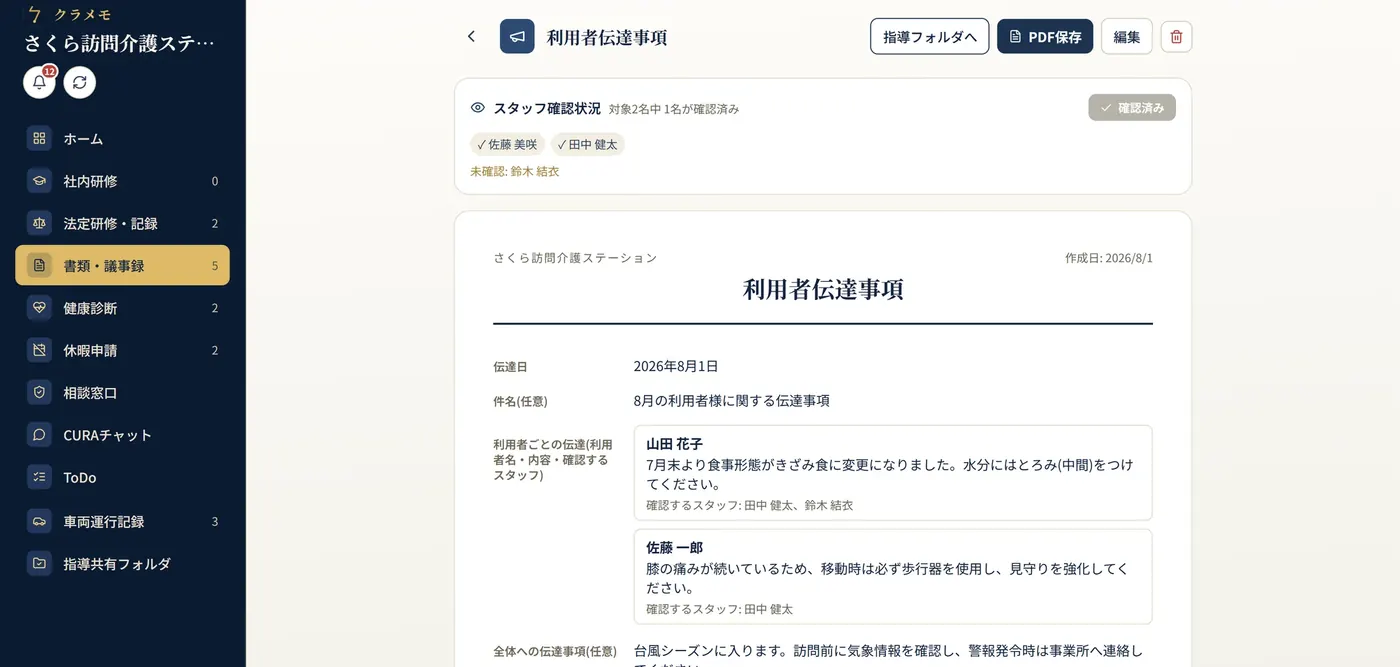 利用者伝達事項の詳細と確認状況